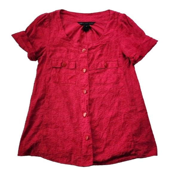Marc By Marc Jacobs Women 2 Candy Apple Red Button Up Top Floral Jacquard Blouse - Picture 1 of 7